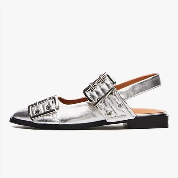 NWOT Amazon metallic silver Buckle Strap Women's flats 7.5 - Picture 2 of 4